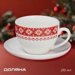 Новогодняя чайная пара  «Финский лес», 2 предмета: чашка 210 мл, блюдце d=15 см, фарфор, цвет белый