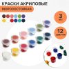 Краска акриловая, набор 12 цветов х 3 мл, морозостойкие, в пакете