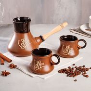  Кофейный набор коричневый, 3 предмета: турка 0.6 л,чашки 0.2 л, фото 1 
