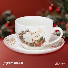 Новогодняя чайная пара  «Сани Деда Мороза», 2 предмета: чашка 210 мл, блюдце d=15 см, фарфор, цвет белый