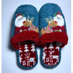 Новогодние домашние тапочки  Дед Мороз и олень, бирюзовые
