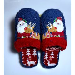 Новогодние домашние тапочки с Дед Мороз и олень, синий