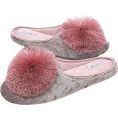Домашние тапочки - мюли с бахромой, серо розовые