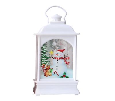 Белый новогодний фонарь, Снеговик и зайка с тёплой подсветкой, изображение 3