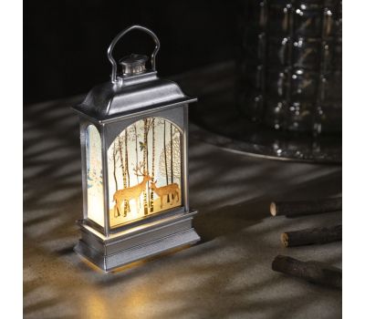 Серебристый новогодний фонарь с оленями и тёплой подсветкой - декор для красивого Нового Года