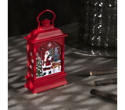 Красный новогодний фонарь с фигуркой Деда Мороза и тёплой подсветкой, изображение 2