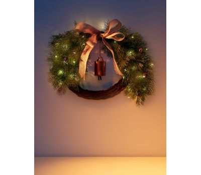 Новогодний венок «Ель с колокольчиком» с подсветкой — 55 см, 30 LED, тёплое свечение
