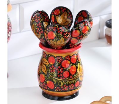 Набор посуды «Хозяюшка» — 6 деревянных ложек и ваза в традиционной хохломской росписи, изображение 2