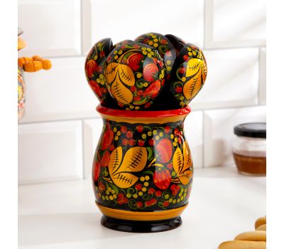 Набор посуды «Хозяюшка» — 6 деревянных ложек и ваза в традиционной хохломской росписи, изображение 3