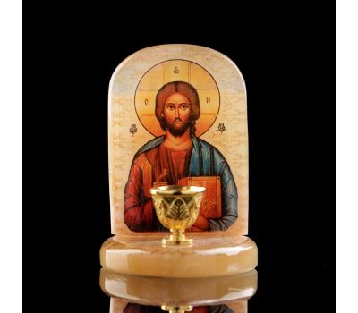 Икона «Иисус Господь Вседержитель» из селенита с подсвечником — настольная православная святыня, изображение 2